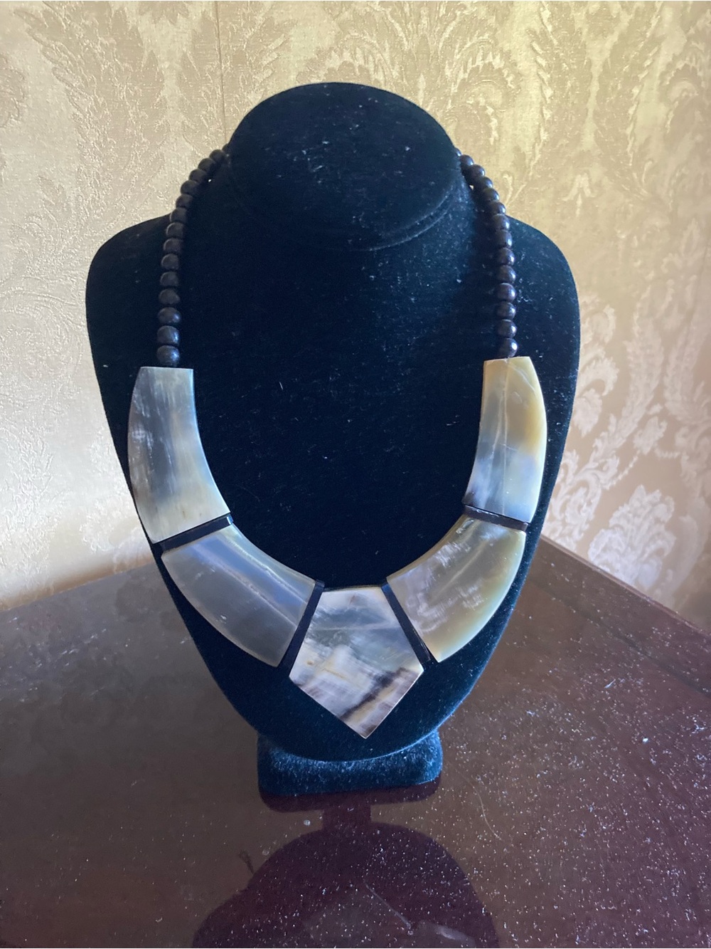 Handcrafted Horn Panel Necklace in Brown and Cream